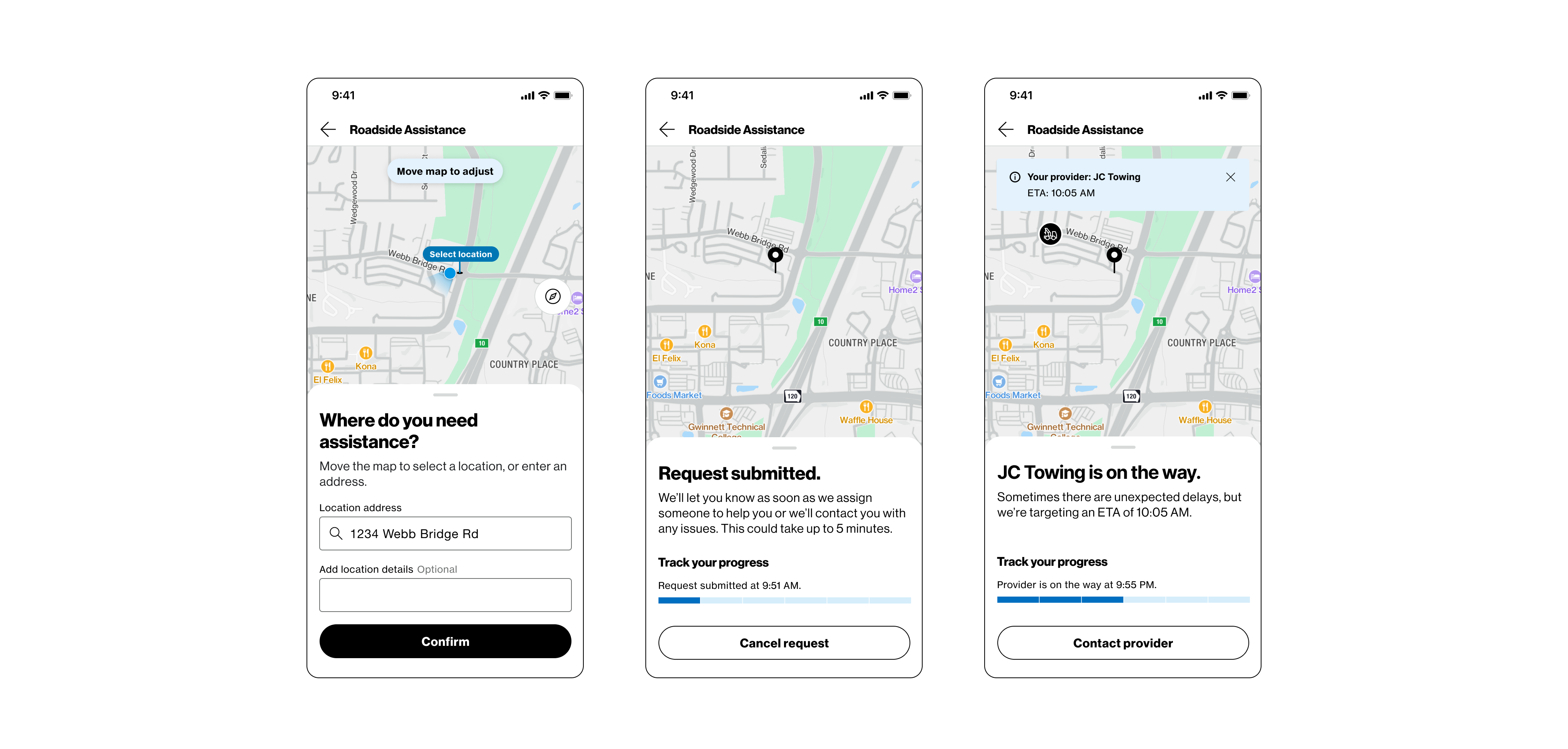 Three Roadside Assistance screens in a row. The first, “Where do you need assistance?”, sits under a map with a “Select location” pin and a “Move map to adjust” hint, over a location address field reading 1234 Webb Bridge Rd and a Confirm button. The second, “Request submitted.”, explains that someone will be assigned within five minutes, above a “Track your progress” bar at its first step and a Cancel request button. The third, “JC Towing is on the way.”, targets an ETA of 10:05 AM, its progress bar a step further along, with a tow truck marker on the map and a Contact provider button.